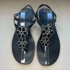 Sbicca T-Strap Black Sandals w/ Black Faceted Embellishments Women’s Size 10